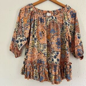 🦋 Melloday Off the Shoulder Orange Yellow Paisley Mid Sleeve Boho Blouse Medium
